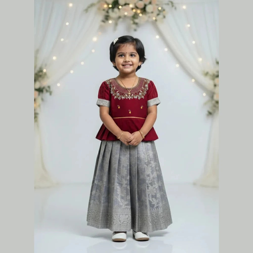 Kids T.AARI Work Pattu Pavadai Maroon and Grey PPP1738