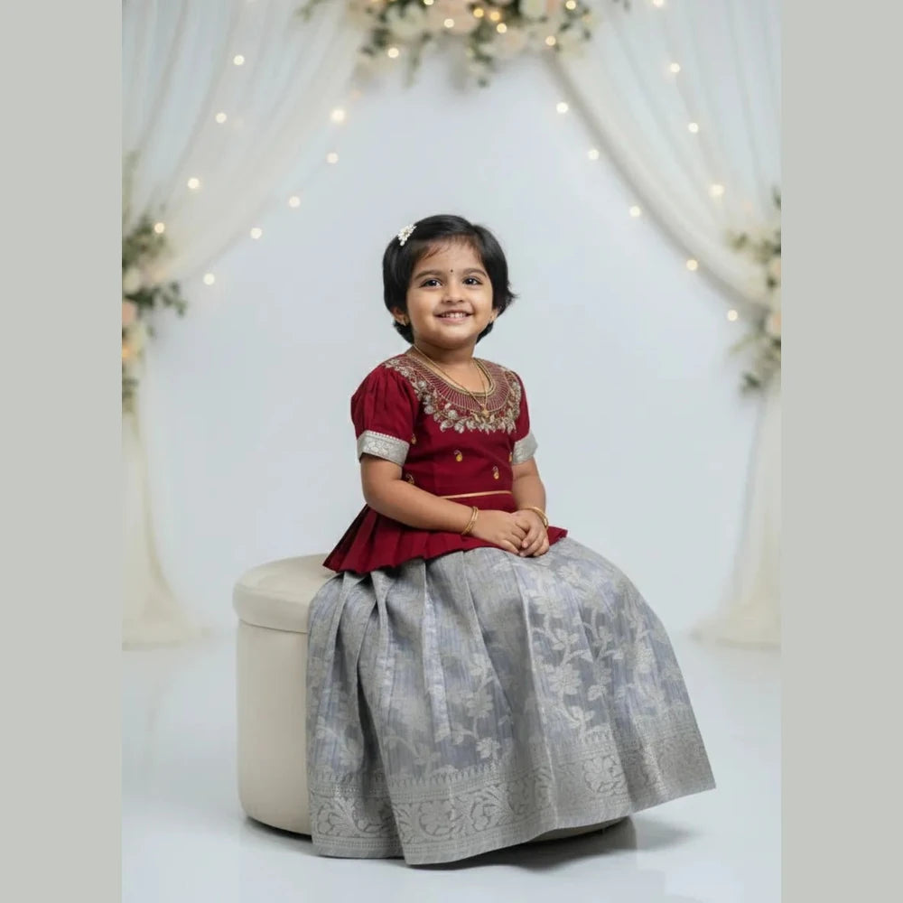 Kids T.AARI Work Pattu Pavadai Maroon and Grey PPP1738