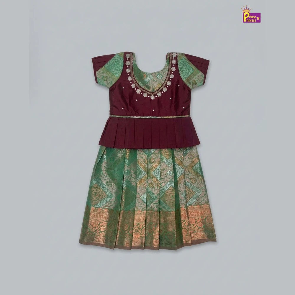 Kids Traditional AARI Work pattu Pavadai Maroon & Green PPP1613