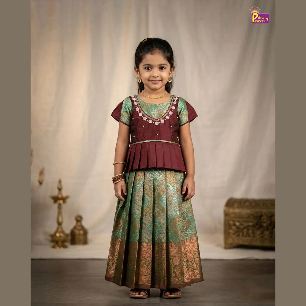 Kids Traditional AARI Work pattu Pavadai Maroon & Green PPP1613