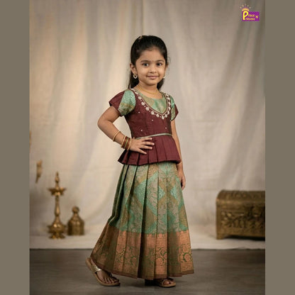 Kids Traditional AARI Work pattu Pavadai Maroon & Green PPP1613