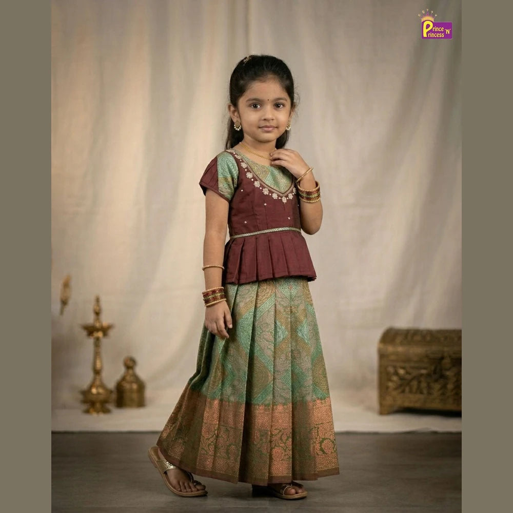 Kids Traditional AARI Work pattu Pavadai Maroon & Green PPP1613