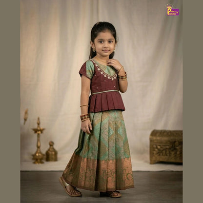 Kids Traditional AARI Work pattu Pavadai Maroon & Green PPP1613