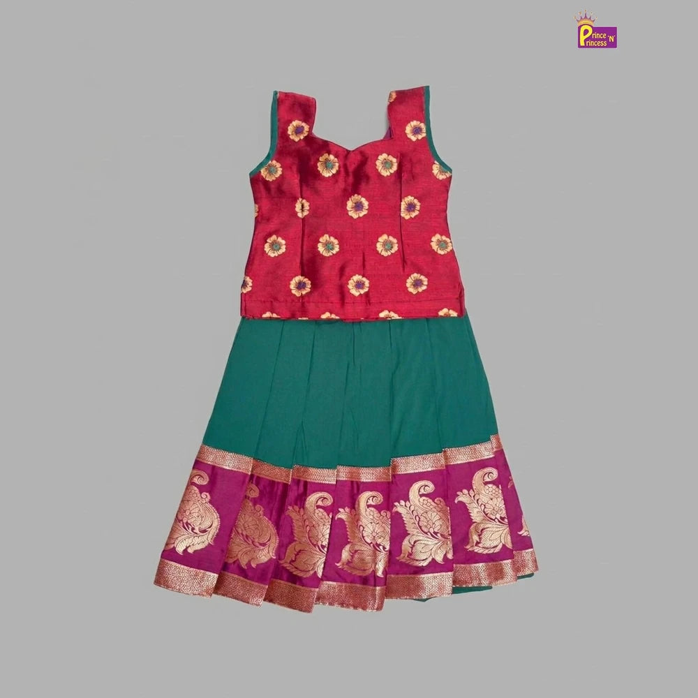Kids Traditional Aari Work Pattupavadai in Maroon with Green PPP2024