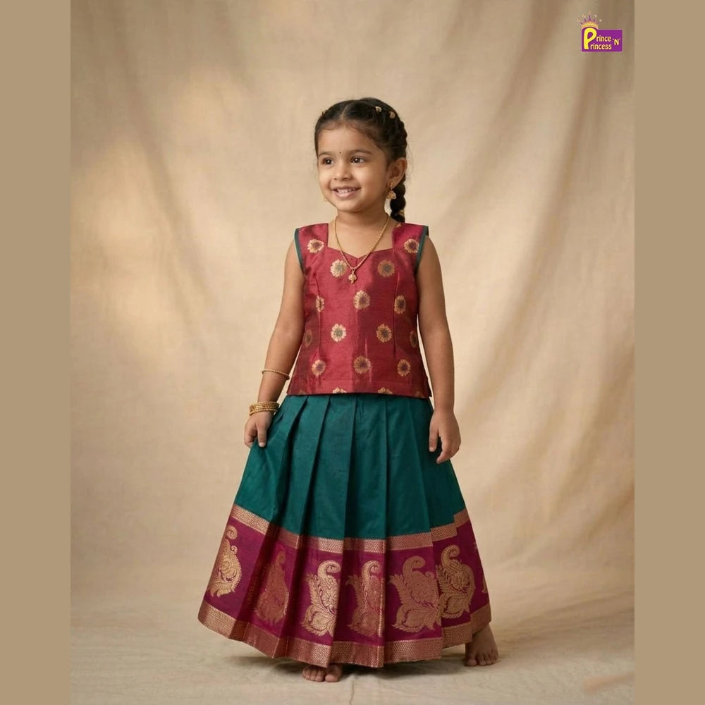 Kids Traditional Aari Work Pattupavadai in Maroon with Green PPP2024