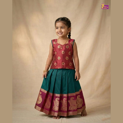 Kids Traditional Aari Work Pattupavadai in Maroon with Green PPP2024