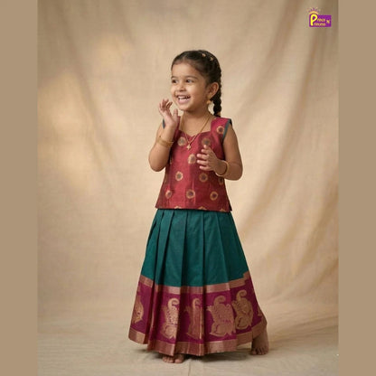 Kids Traditional Aari Work Pattupavadai in Maroon with Green PPP2024