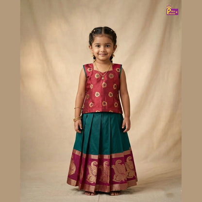 Kids Traditional Aari Work Pattupavadai in Maroon with Green PPP2024