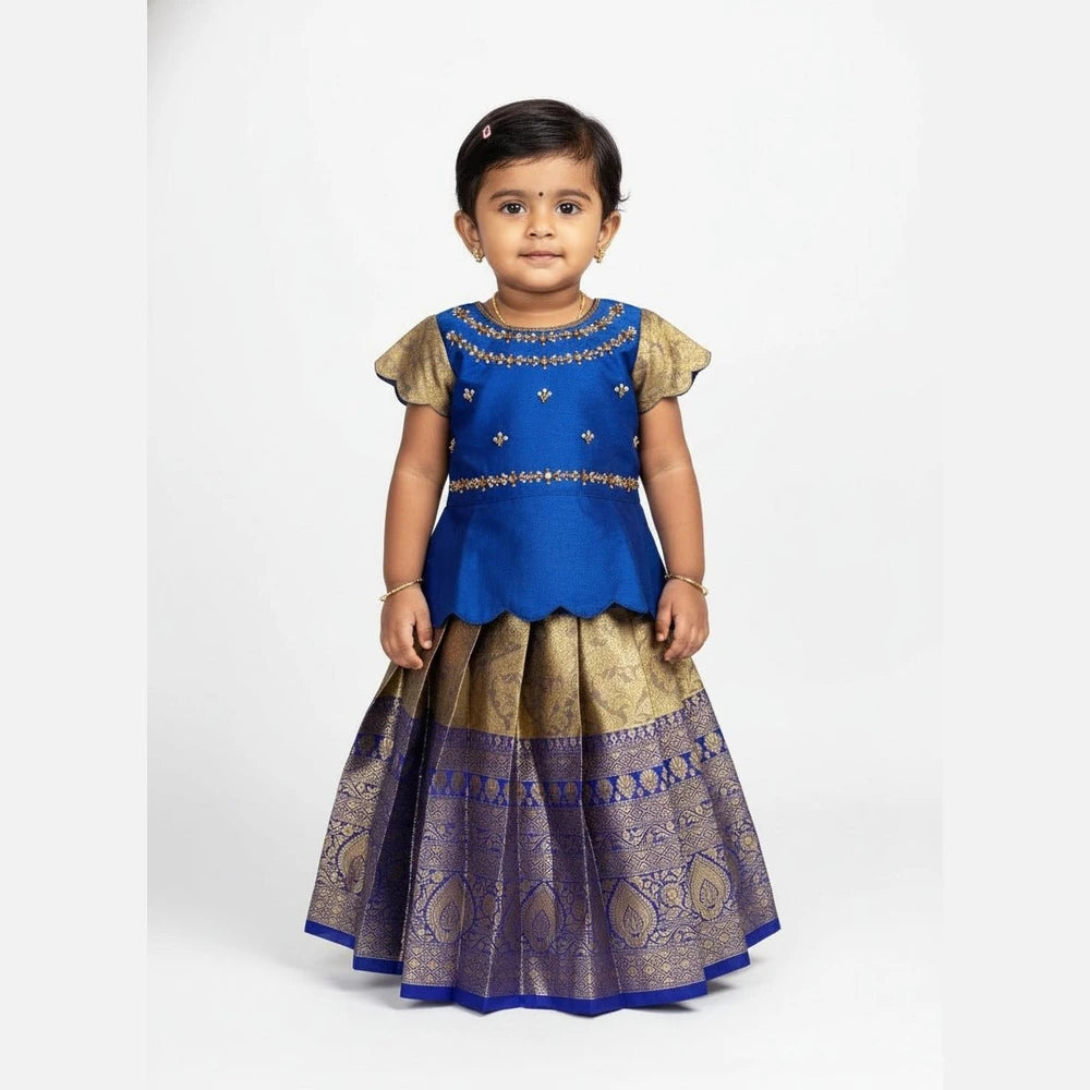 Kids Traditional Aari Work Pattupavadai in Pepsi Blue with Golden PPP1892