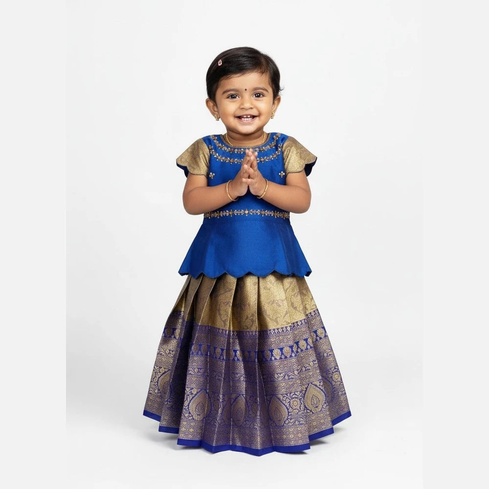 Kids Traditional Aari Work Pattupavadai in Pepsi Blue with Golden PPP1892