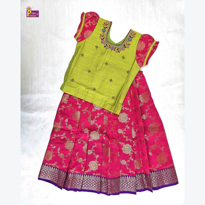 Kids Traditional Green Pink Aari work Pattu pavadai PPP1506