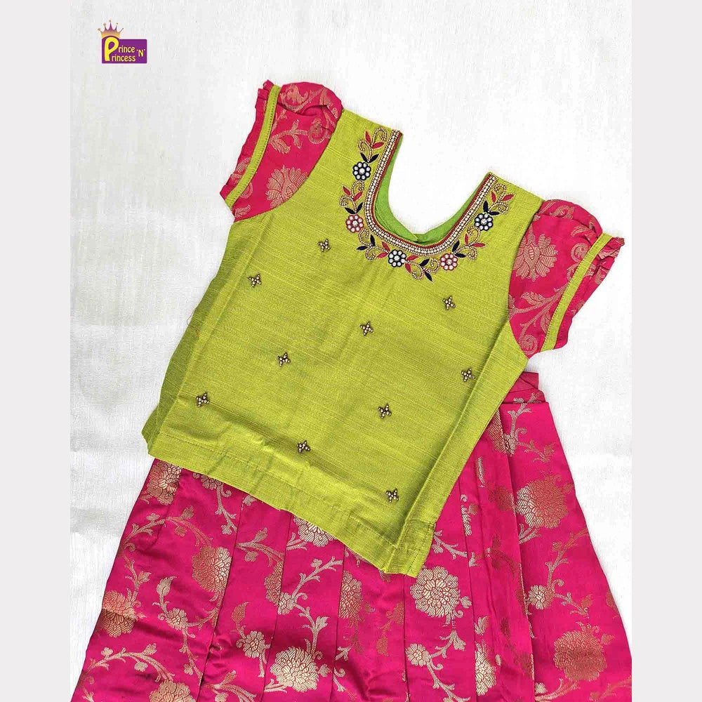 Kids Traditional Green Pink Aari work Pattu pavadai PPP1506