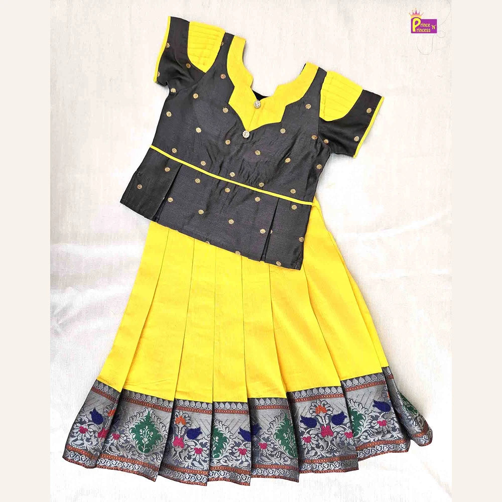 Kids Traditional Pattu Pavadai in Ash with Yellow PPP1528