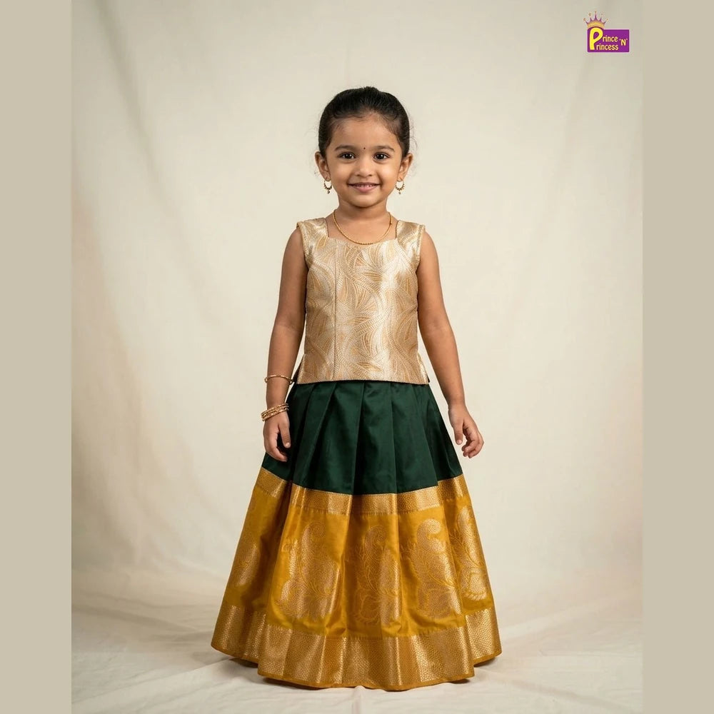 Kids Traditional Pattupavadai in Golden with Green PPP2018