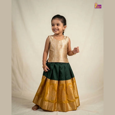 Kids Traditional Pattupavadai in Golden with Green PPP2018