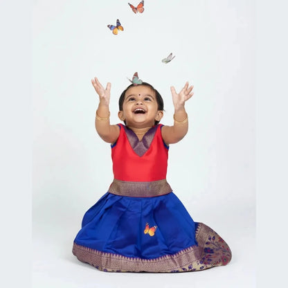 Kids Traditional Pattupavadai Red with Pepsi Blue PPP1981