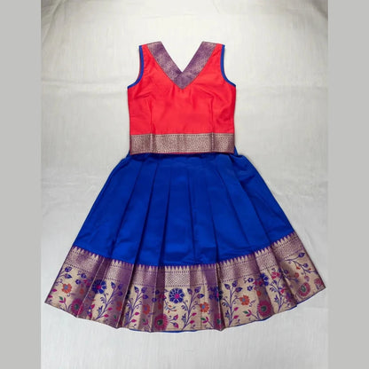 Kids Traditional Pattupavadai Red with Pepsi Blue PPP1981