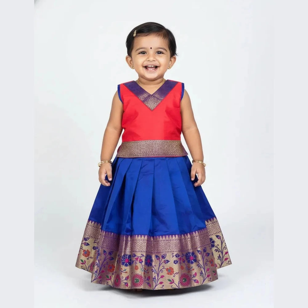 Kids Traditional Pattupavadai Red with Pepsi Blue PPP1981