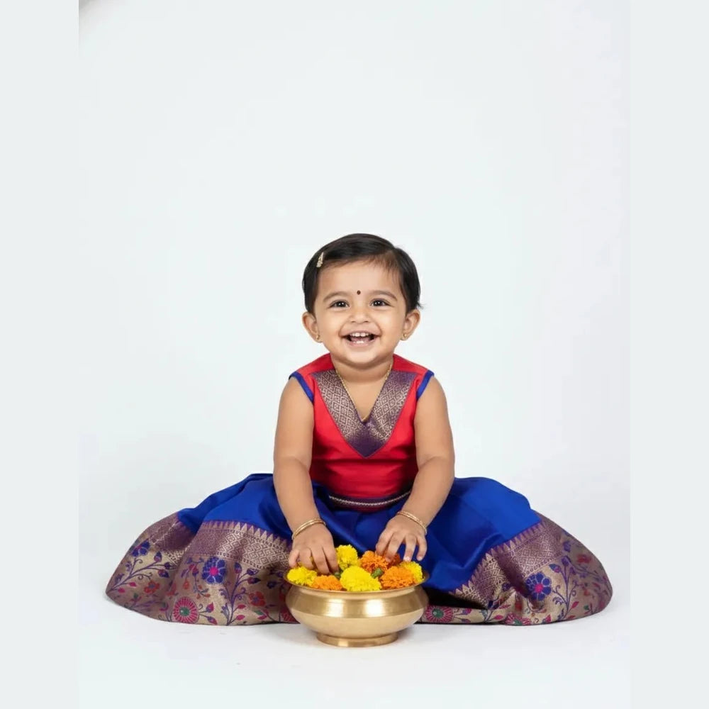 Kids Traditional Pattupavadai Red with Pepsi Blue PPP1981