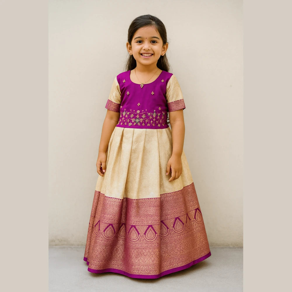 Pattu Gown Pink Halfwhite Aari Work Butter Silk | Baby Girl Festival Wear PG578