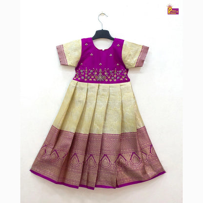 Pattu Gown Pink Halfwhite Aari Work Butter Silk | Baby Girl Festival Wear PG578