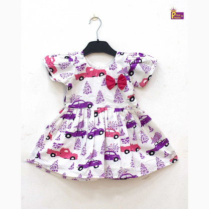 White Cotton Knee Frock Boat Neck Puff Sleeve | Kids Elegant Wear CF385