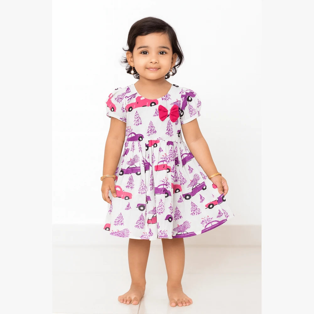 White Cotton Knee Frock Boat Neck Puff Sleeve | Kids Elegant Wear CF385
