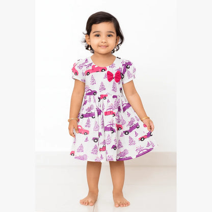 White Cotton Knee Frock Boat Neck Puff Sleeve | Kids Elegant Wear CF385