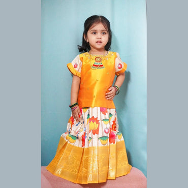 Kids Yellow AARI Work Digital Print Banarasi Designer Pattu Pavadai PPP1343