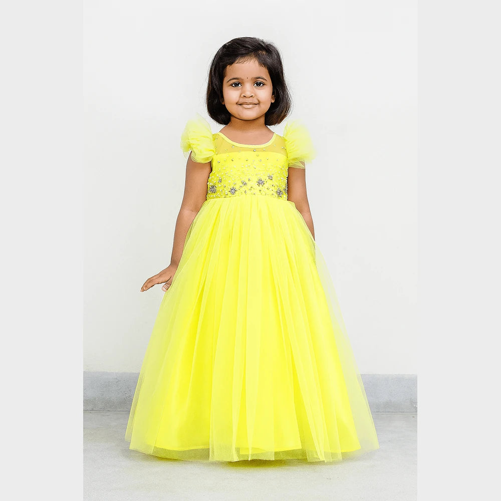 Kids Yellow Aari work Prince N Princess Birthday Gown WGF034