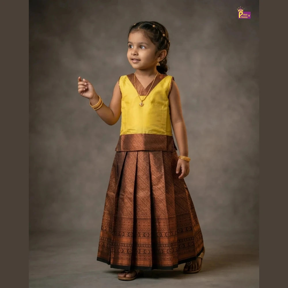 Kids Yellow and Brown Traditional Pattu pavadai PPP1778