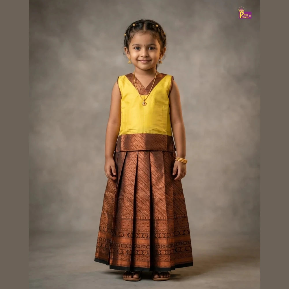 Kids Yellow and Brown Traditional Pattu pavadai PPP1778