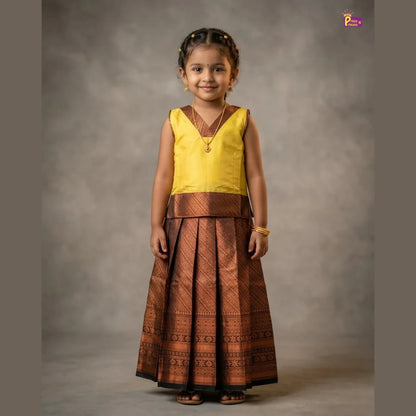 Kids Yellow and Brown Traditional Pattu pavadai PPP1778