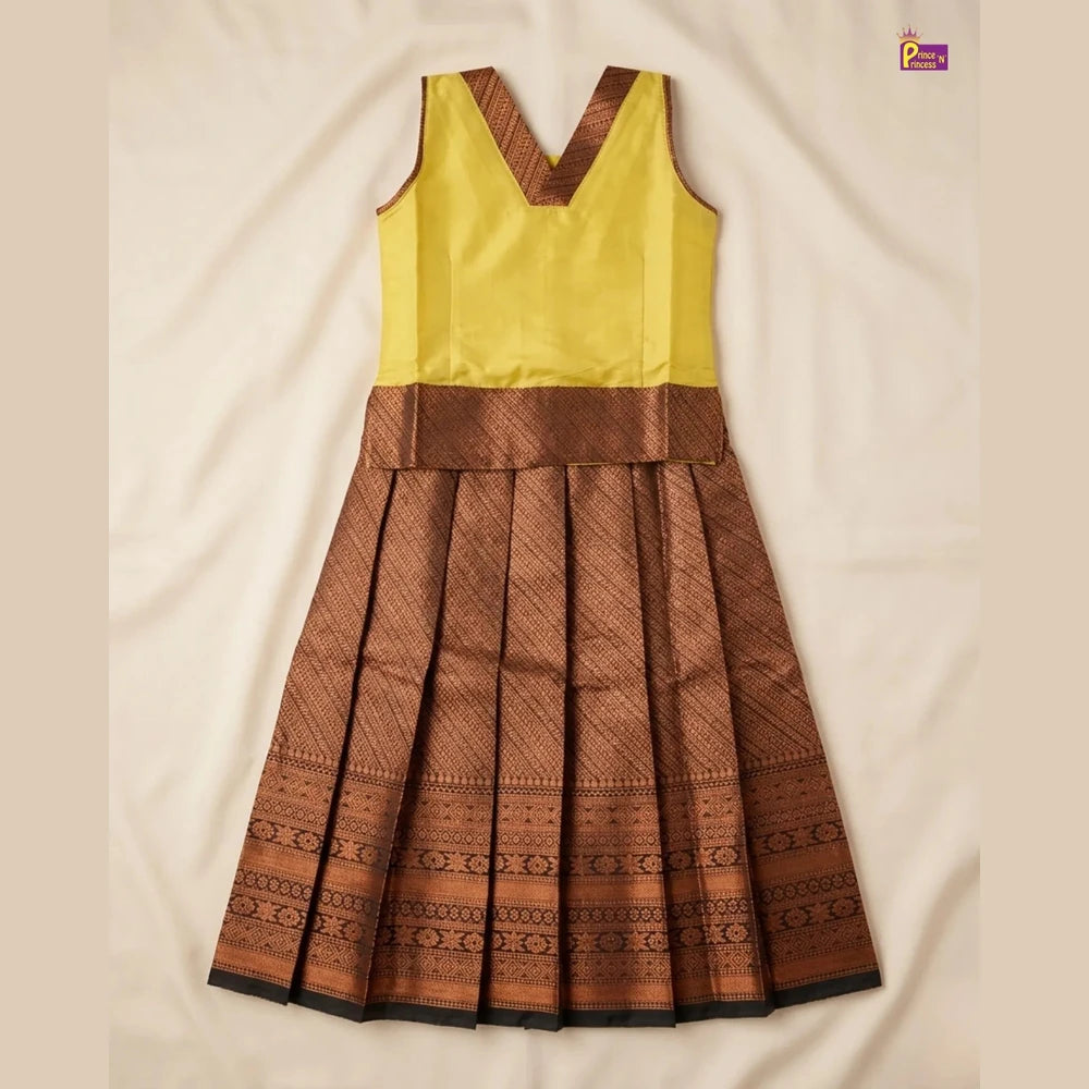 Kids Yellow and Brown Traditional Pattu pavadai PPP1778