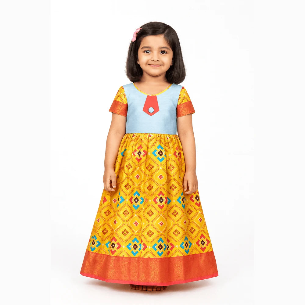 Kids Yellow Blue Ethnic Party Gown PG314