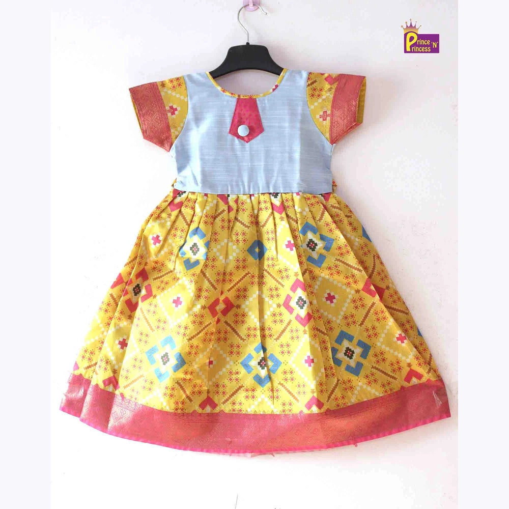 Kids Yellow Blue Ethnic Party Gown PG314