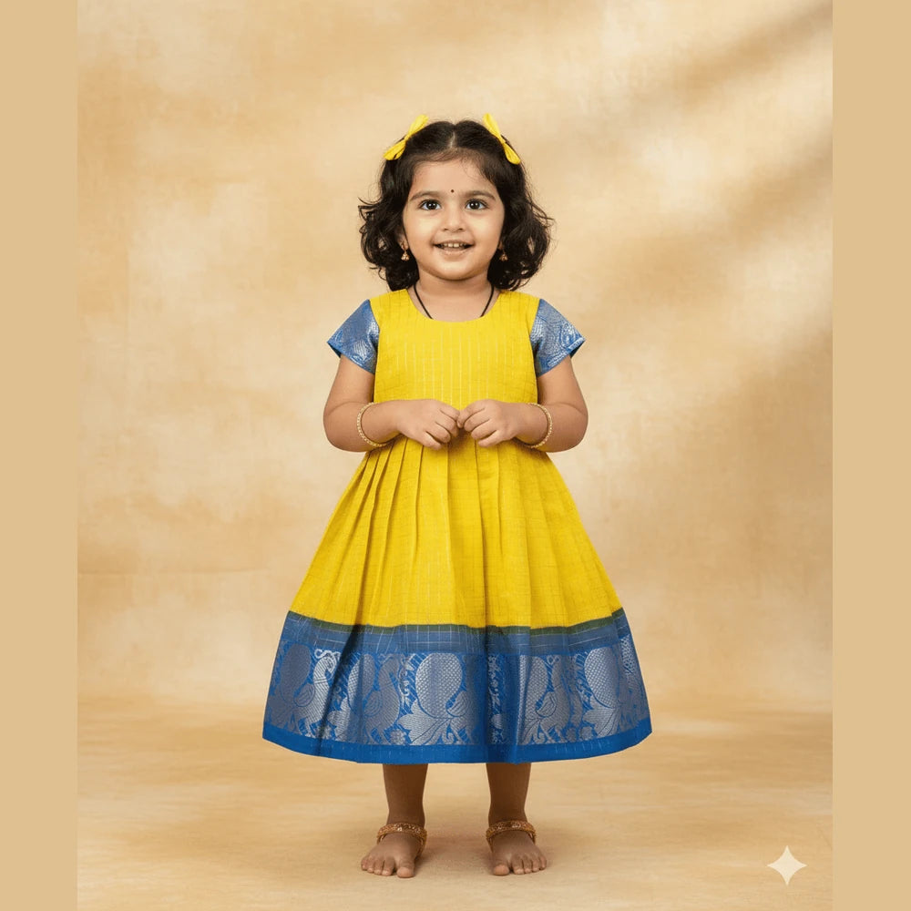 Kids Yellow with Blue Party Frock LDF365