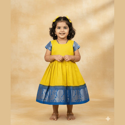 Kids Yellow with Blue Party Frock LDF365