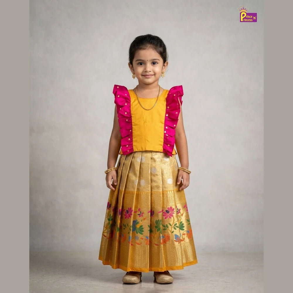 Kids Raw Silk Pattu Pavadai in Yellow PPP2029