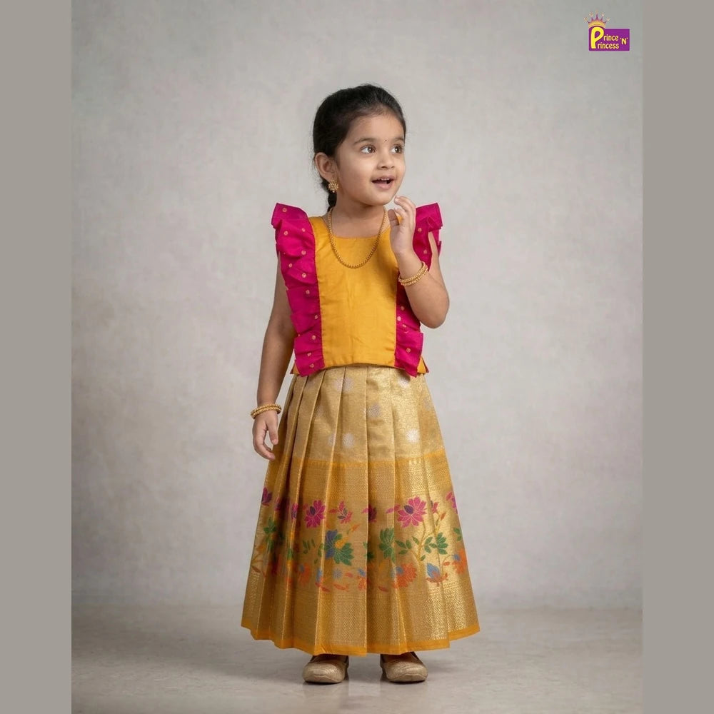 Kids Raw Silk Pattu Pavadai in Yellow PPP2029