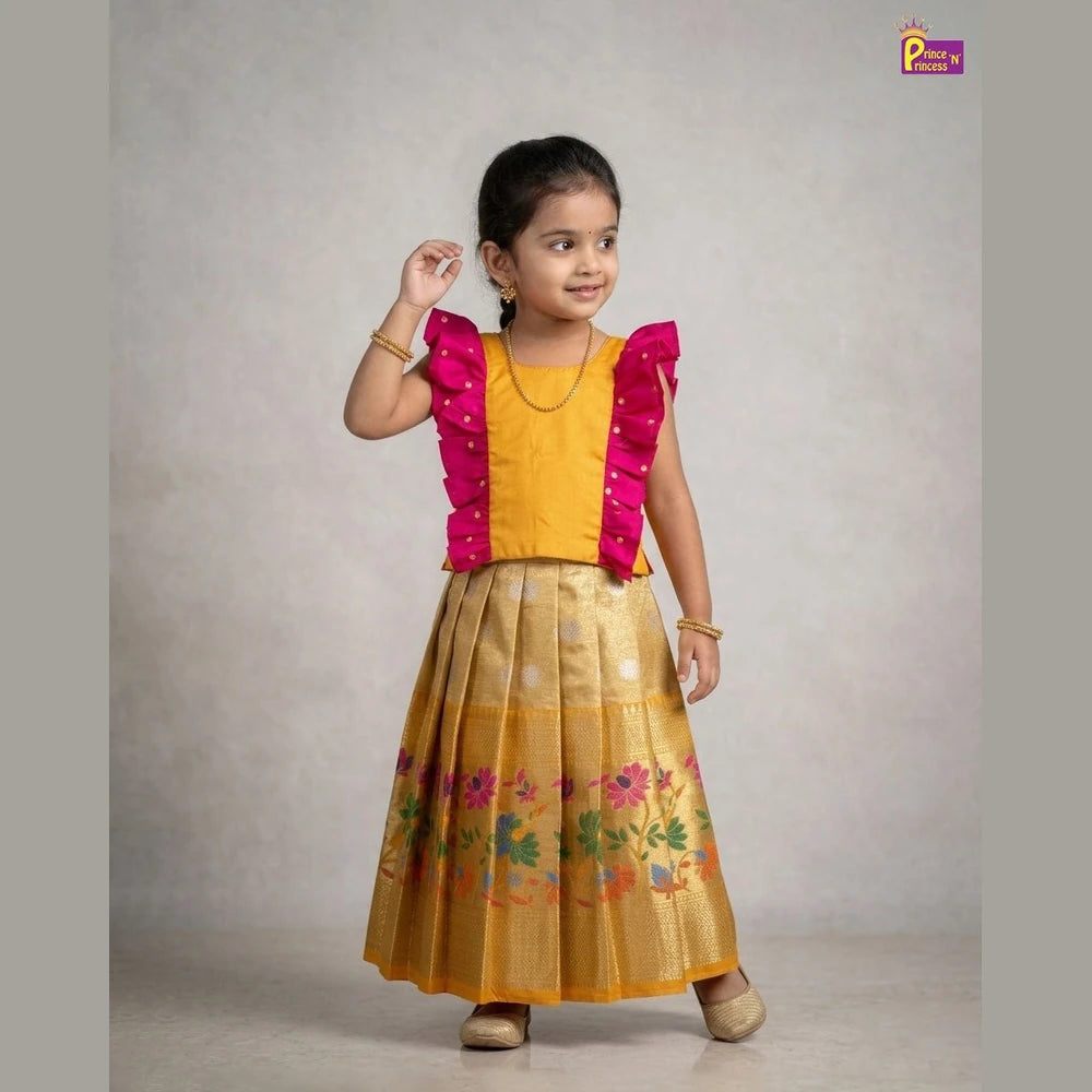Kids Raw Silk Pattu Pavadai in Yellow PPP2029