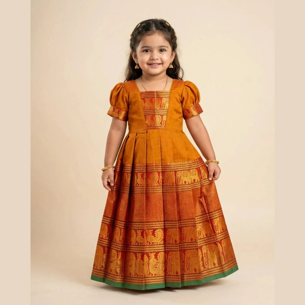 Mustard Gold Kalyani Cotton Pattu Gown for Girls - Diwali Pongal Wear PG752
