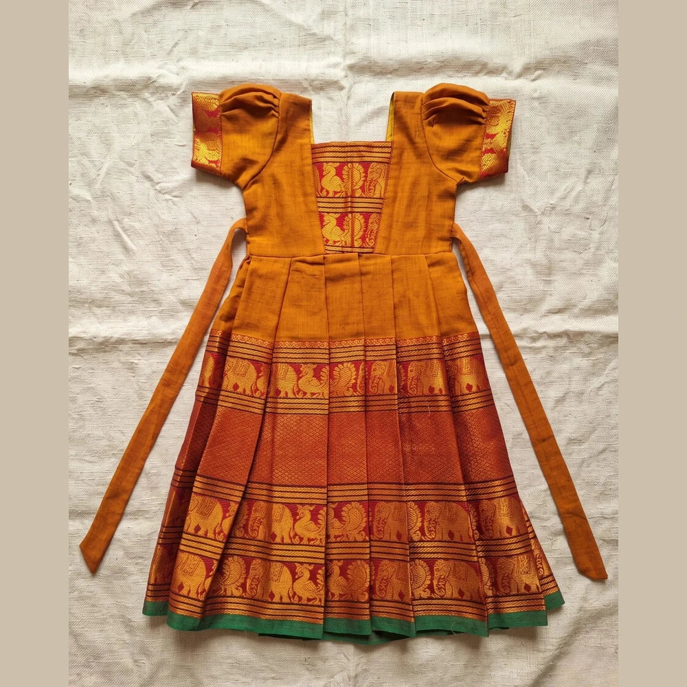 Mustard Gold Kalyani Cotton Pattu Gown for Girls - Diwali Pongal Wear PG752