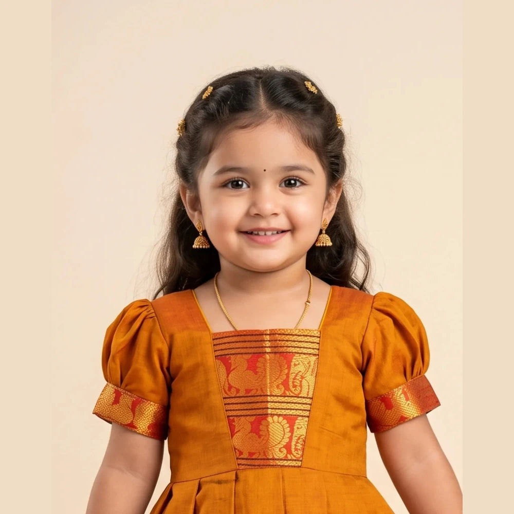 Mustard Gold Kalyani Cotton Pattu Gown for Girls - Diwali Pongal Wear PG752