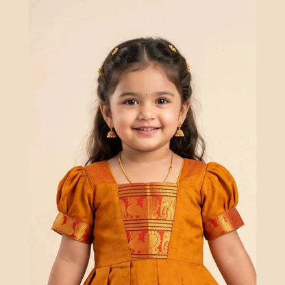 Mustard Gold Kalyani Cotton Pattu Gown for Girls - Diwali Pongal Wear PG752