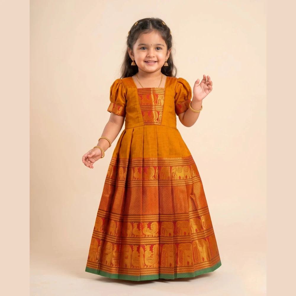 Mustard Gold Kalyani Cotton Pattu Gown for Girls - Diwali Pongal Wear PG752