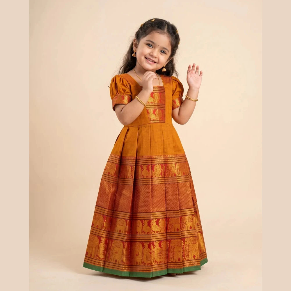 Mustard Gold Kalyani Cotton Pattu Gown for Girls - Diwali Pongal Wear PG752