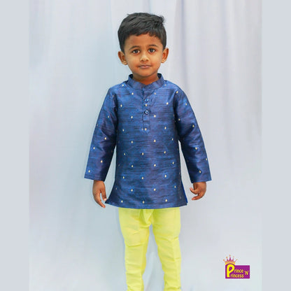 Navy Blue Silk Kurta with Yellow Pajama KP084