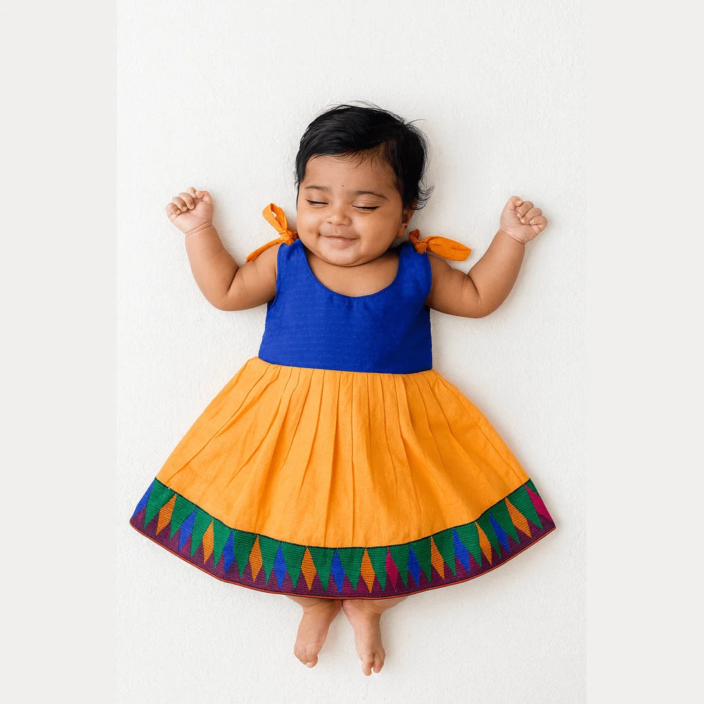 New born Blue with Orange Raw Silk Frock LF956