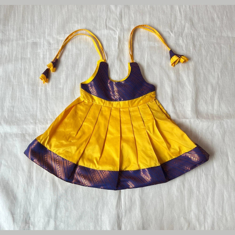 New Born Mango Yellow with Purple Border Raw Silk Frock LF1652